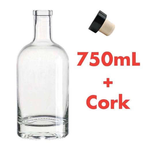 Spirit Bottle | Glass Liquor Bottle | Clear | 750 mL | Synthetic Cork Stopper Included | Single